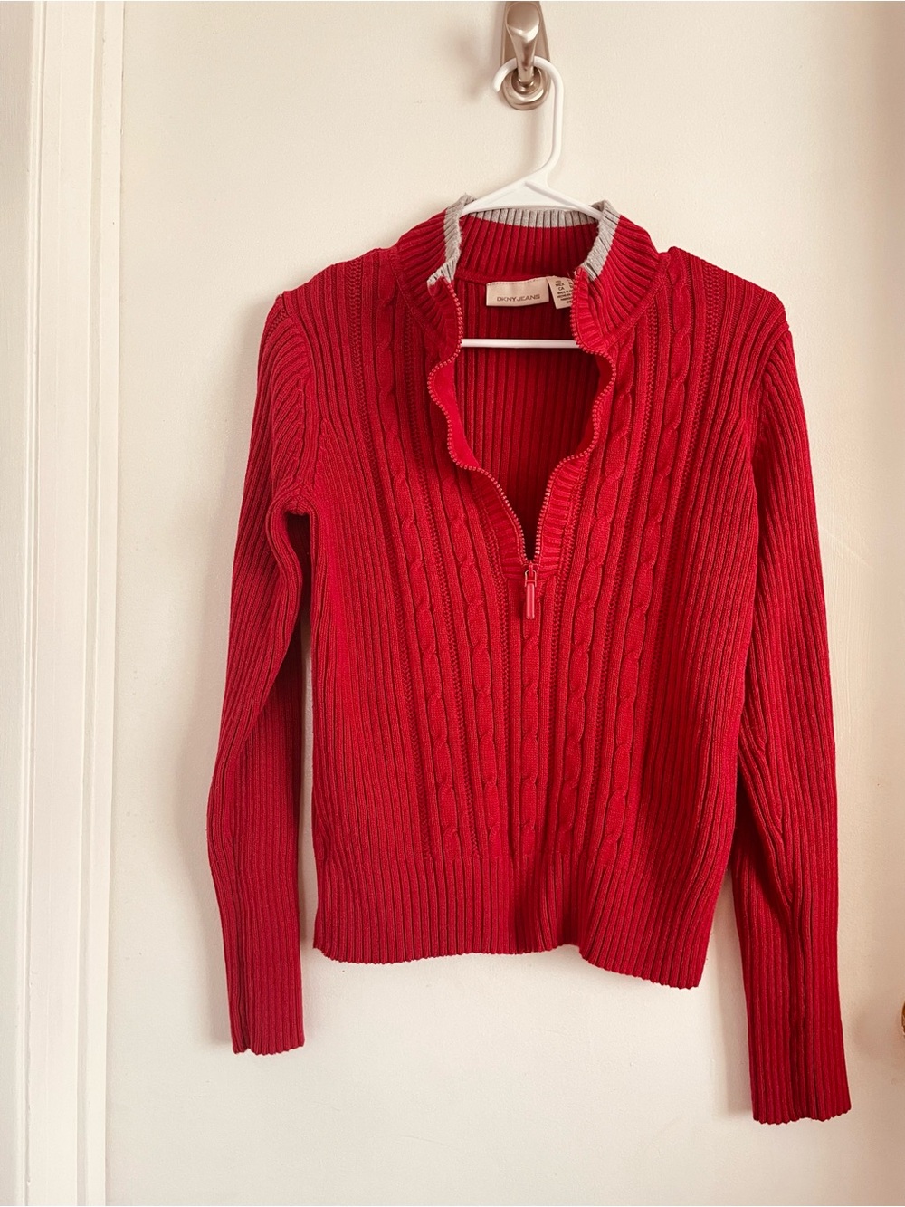 DKNY Red Cable-Knit Half-Zip Turtleneck Sweater